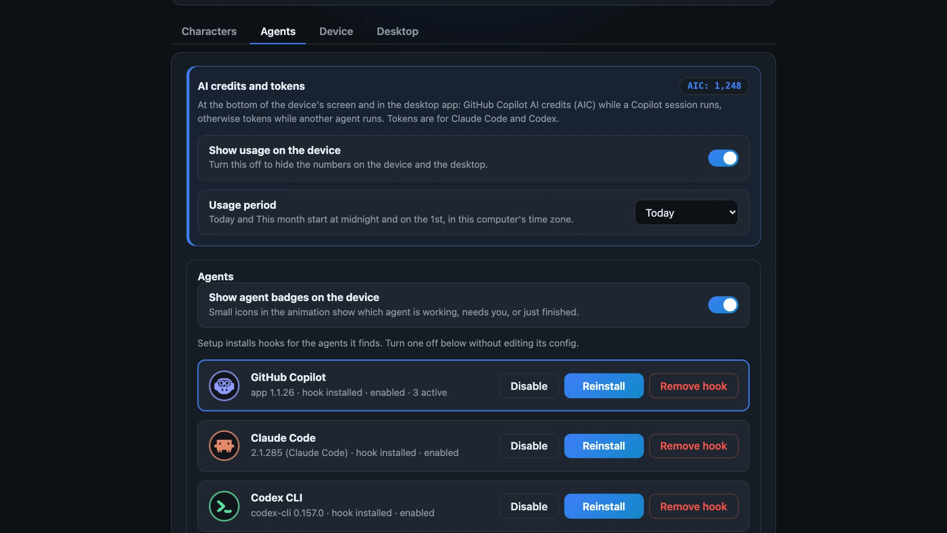 The Agents tab: turn each agent on or off