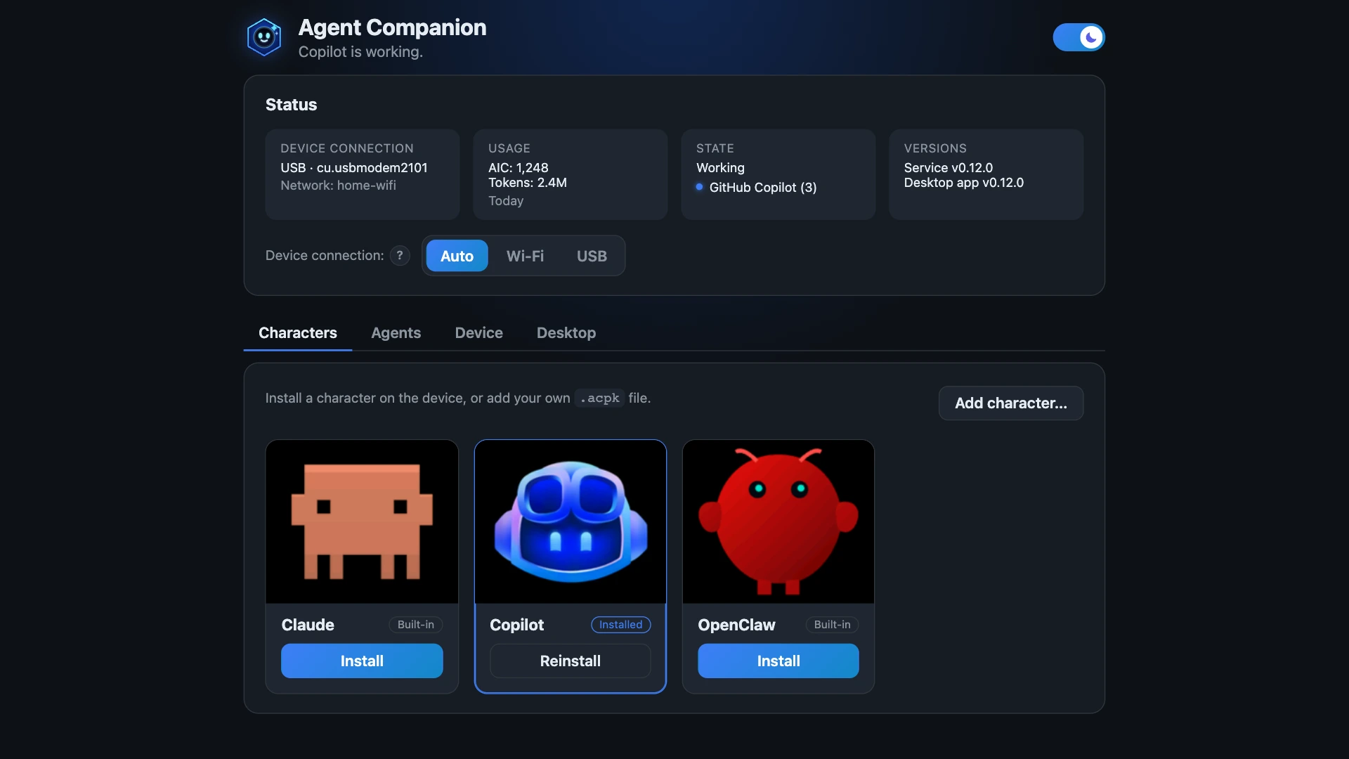 The Characters tab: Claude, Copilot, and OpenClaw, with Copilot installed