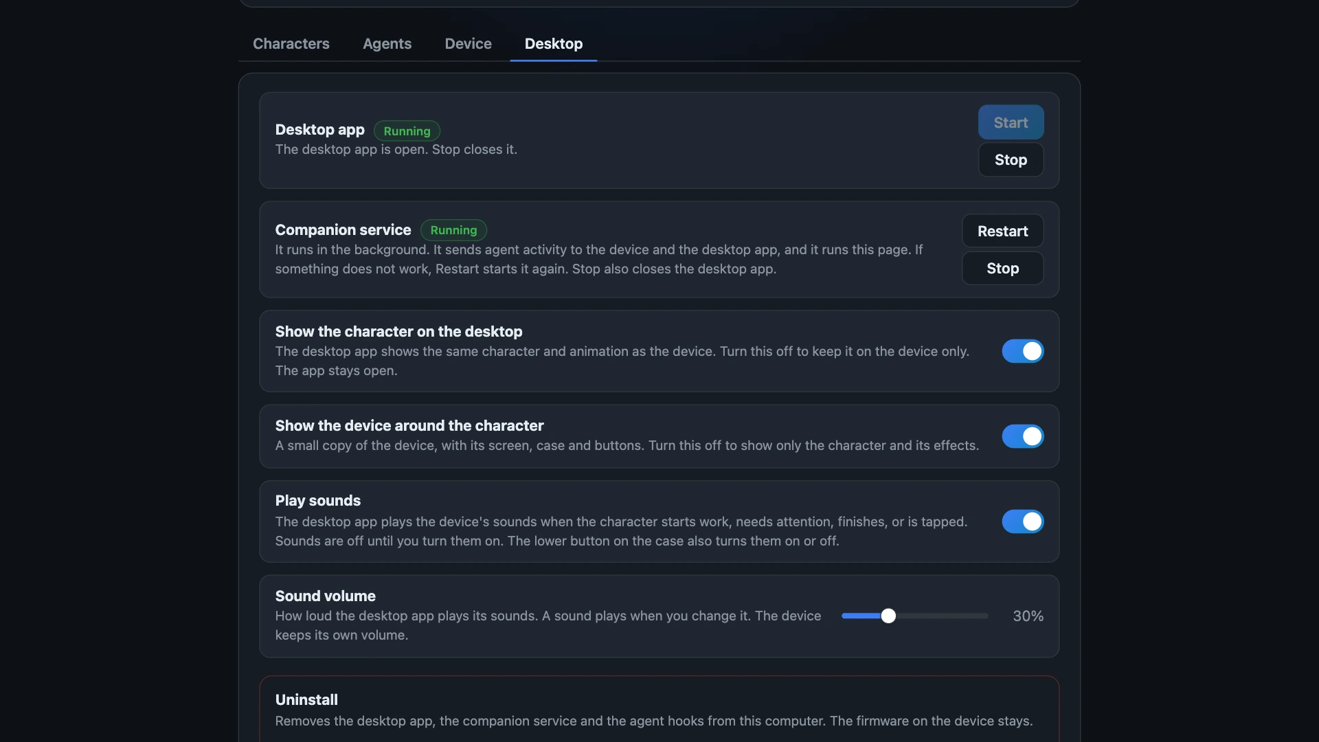 The Desktop tab: the desktop app, sounds, and look