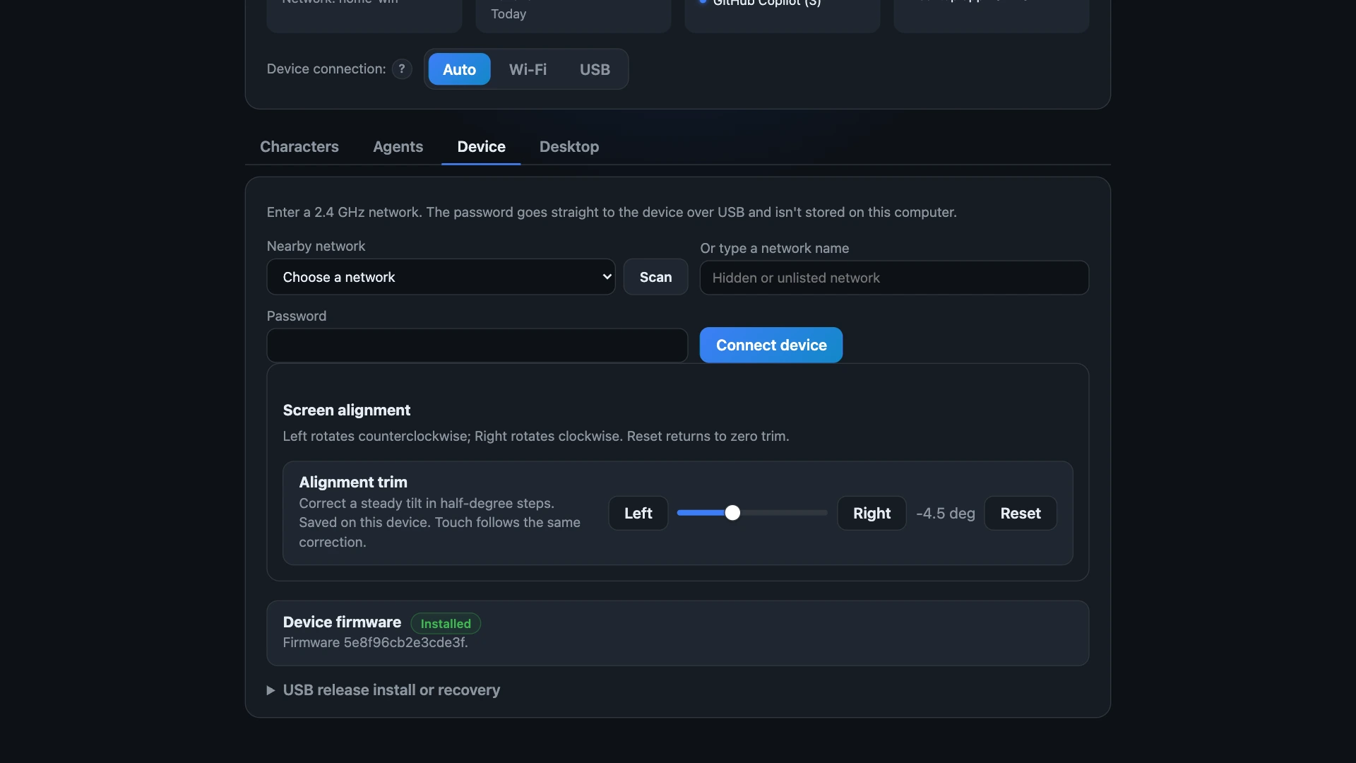The Device tab: firmware, Wi-Fi, and connection